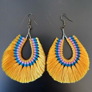Yellow and blue fringe dangly earrings